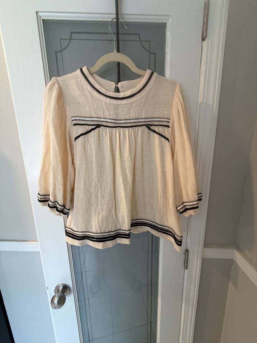 Bohme Cream Embroidered Trim 3/4 Sleeve Blouse